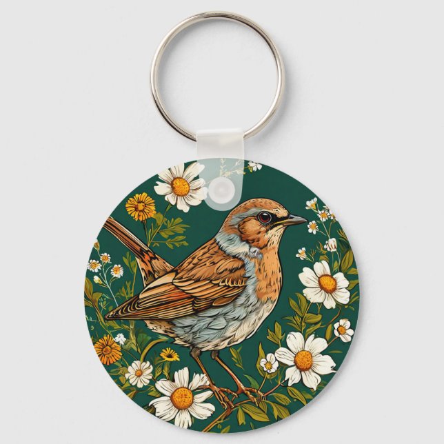 🐦 Färgglad Järnsparv Fågel Blommig Natur Design � Nyckelring (Framsida)