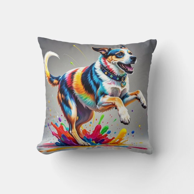 Färgglad jätteglad lekfull rolig hund, kudde (Framsida)