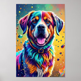 Färgglad jätteglad lekfull rolig hund, plask poster