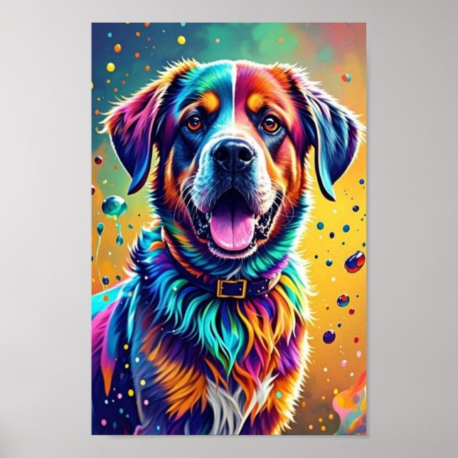 Färgglad jätteglad lekfull rolig hund, plask poster (Framsidan)