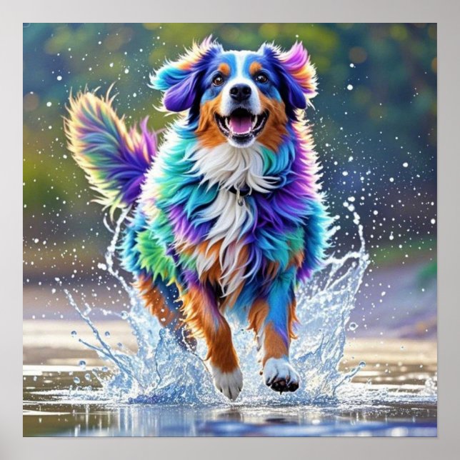 Färgglad jätteglad lekfull rolig hund, splash poster (Framsidan)