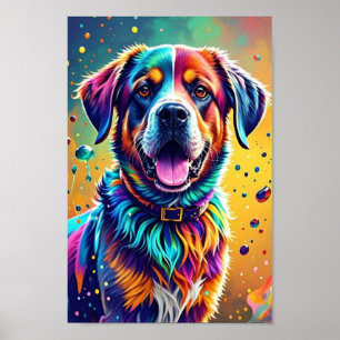 Färgglad jätteglad lekfull rolig hund, splash poster