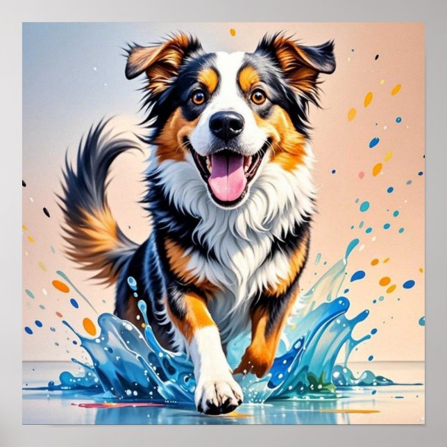 Färgglad jätteglad lekfull rolig hund, splash poster (Framsidan)