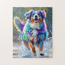 Färgglad jätteglad lekfull rolig hund, splash