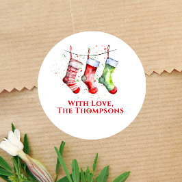 Färgglad jul vattenfärg strumpa anpassad runt klistermärke