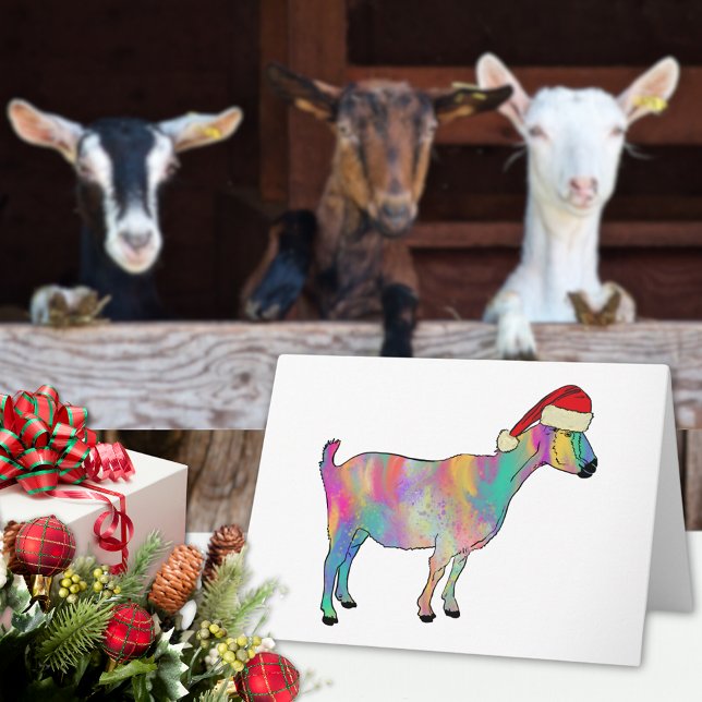 Färgglad julbock kort (Christmas goat colorful farm animal art holiday card cute goat wearing a Santa hat watercolor)