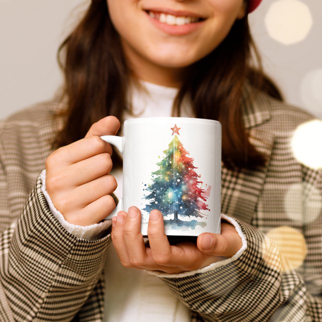 Färgglad julgran akvarellmålning kaffemugg (Skapare uppladdad)