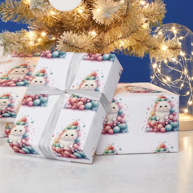 Färgglad julgran Vattenfärgskitten Presentpapper (Helgdagar)