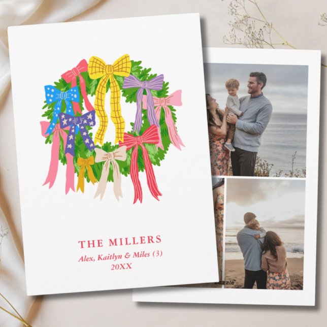 Färgglad julkrans Rollebågar 3 Foto Familj Julkort (Colorful Christmas Wreath Fun Bows 3 Photo Family Holiday Card
)