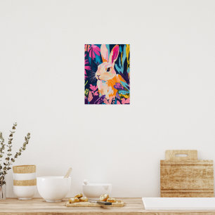 Färgglad kanin Blommig Väggkonst Whimsical Bunny