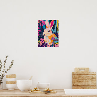 Färgglad kanin Blommig Väggkonst | Whimsical Bunny