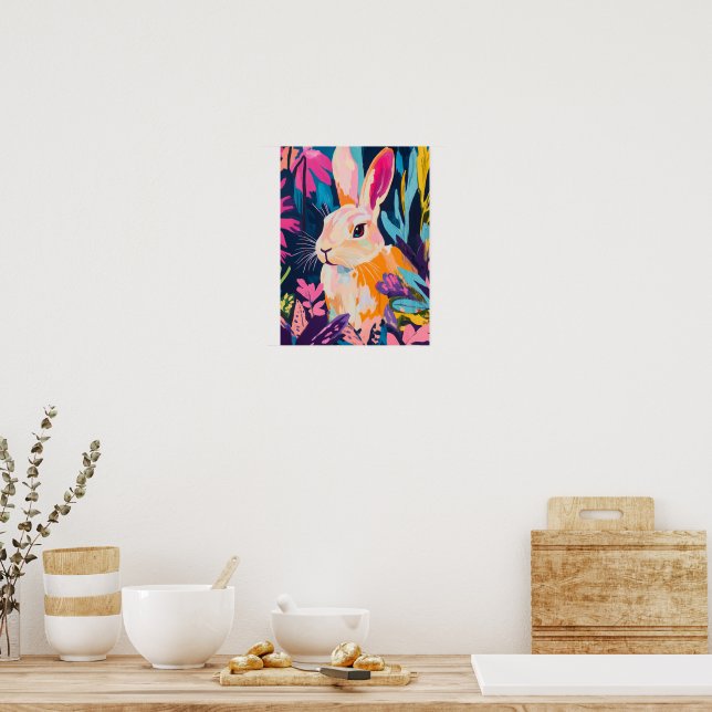 Färgglad kanin Blommig Väggkonst | Whimsical Bunny (Kök)