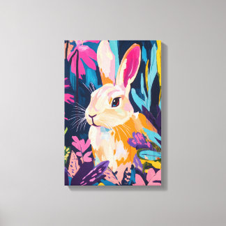 Färgglad kanin Blommig Väggkonst | Whimsical Bunny Canvastryck