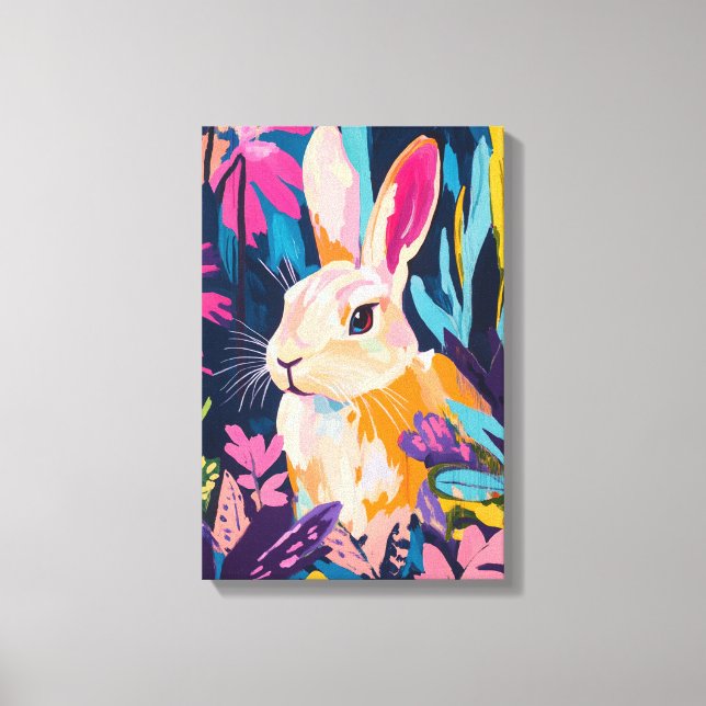 Färgglad kanin Blommig Väggkonst | Whimsical Bunny Canvastryck (Framsida)