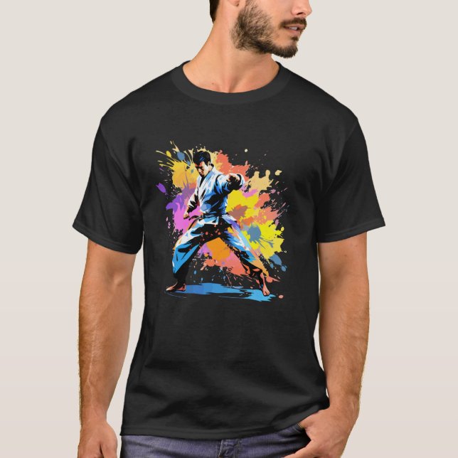 Färgglad karate-spelare Splash Art Karate-älskare T Shirt (Framsida)