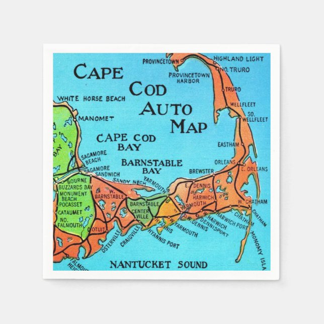 Färgglad karta över Cape Cod Pappersservett (Framsidan)