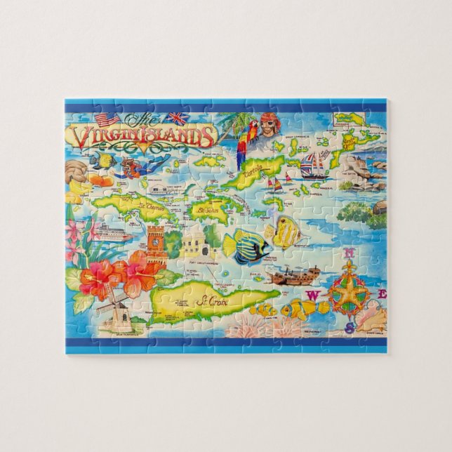 Färgglad karta över Jungfruöarna 8x10 Pussel (Horisontell)