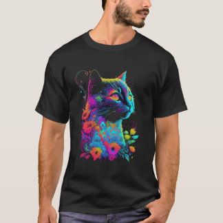 Färgglad Katt Blomma Psykedelisk Konst T Shirt