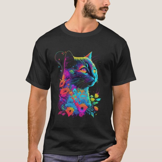 Färgglad Katt Blomma Psykedelisk Konst T Shirt (Framsida)
