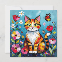 Färgglad katt, blommor och fjäril