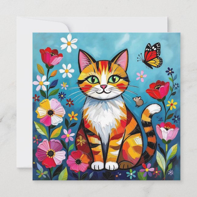 Färgglad katt, blommor och fjäril  (Framsida)