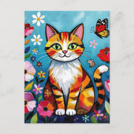 Färgglad katt, blommor och fjäril vykort