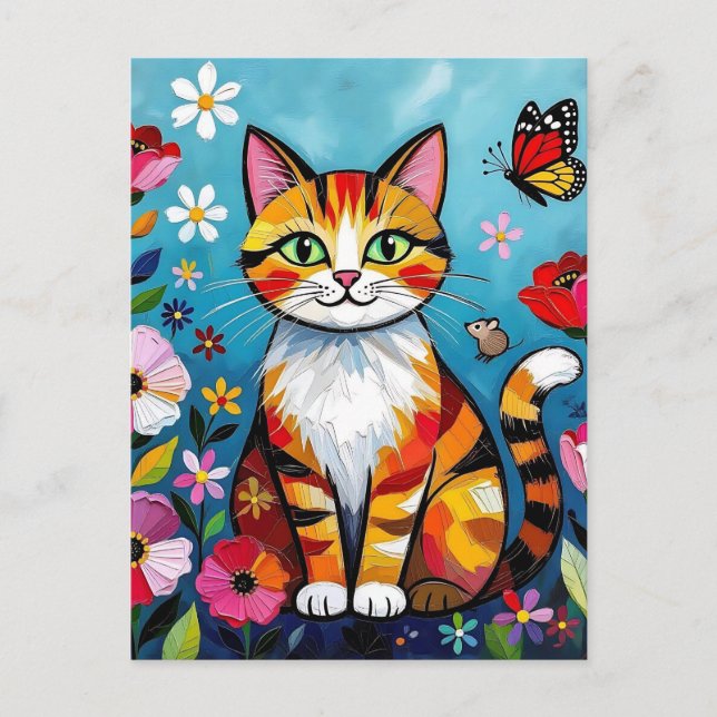 Färgglad katt, blommor och fjäril  vykort (Framsida)