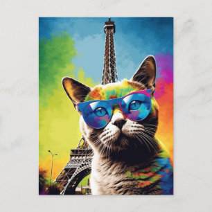 Färgglad katt i solglasögon i Paris Vykort