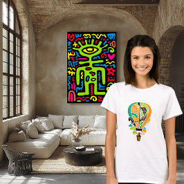 Färgglad katt i varmluftsballongskonst t shirt