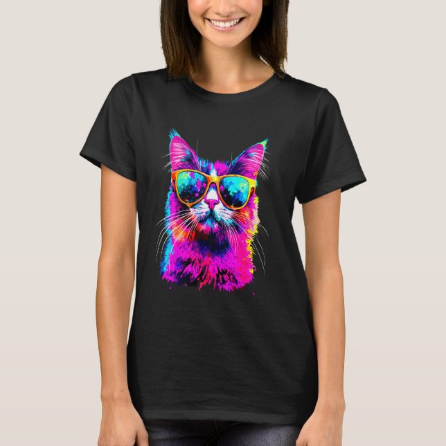 Färgglad katt med solglasögon Djurkonst T Shirt (Framsida)