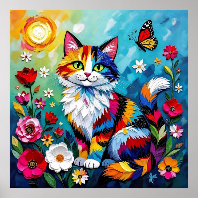 Färgglad katt och fjäril poster (Framsidan)
