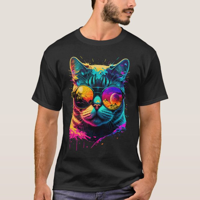 Färgglad katt som bär glasögon grafik t shirt (Framsida)