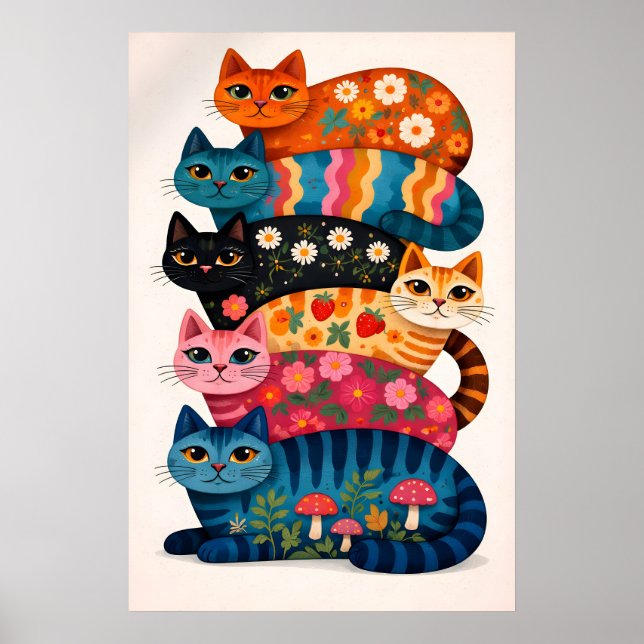 Färgglad kattstackaffisch, Whimsical blommig djur Poster (Framsidan)