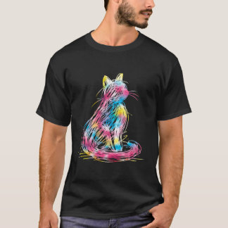 Färgglad Klotter Katt Minimal Linje Konst Japansk T Shirt