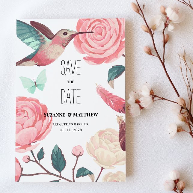 Färgglad Kolibri Blommig Vår Spara Datum Inbjudningar (Colorful Hummingbird Floral Spring Save the Date )