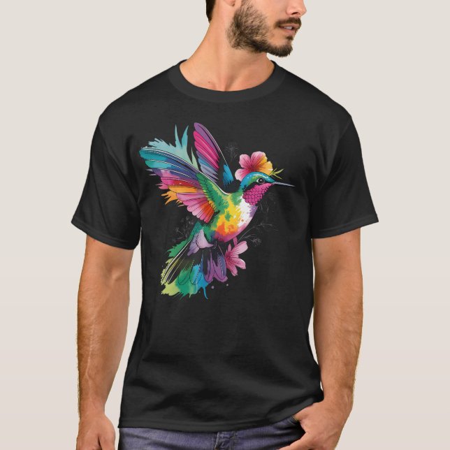 Färgglad kolibri blomster botanisk t shirt (Framsida)