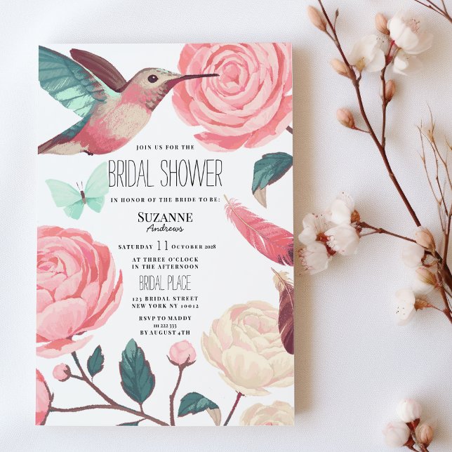 Färgglad kolibri blomster vår bröllopsfest inbjudningar (Colorful Hummingbird Floral Spring Bridal Shower)