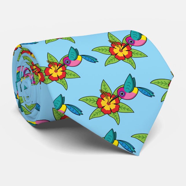 Färgglad kolibri på tropisk hibiskusblomma slips (Rullad)