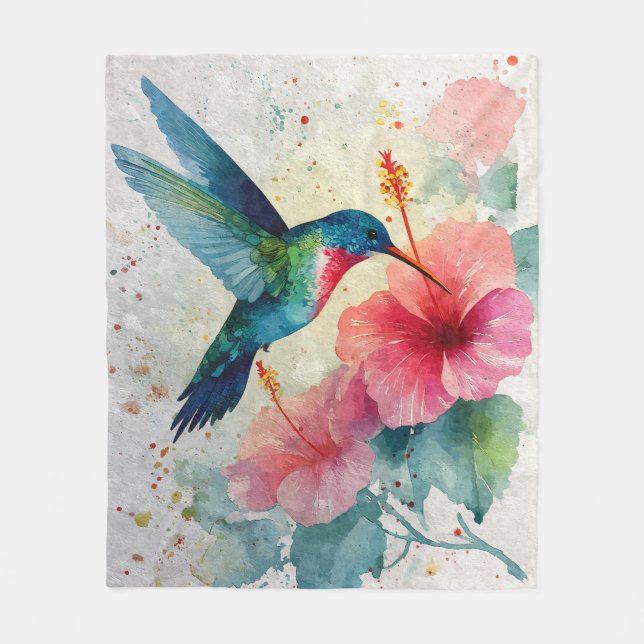 Färgglad Kolibri Rosa Blommig Akvarellfilt Fleecefilt (Framsidan)