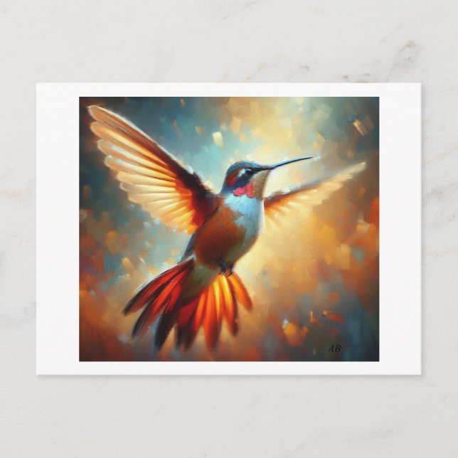 Färgglad kolibri under flygning,  vykort (Framsida)