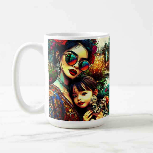 Färgglad konst mamma och dotter asiatisk blomstert kaffemugg (Vänster)