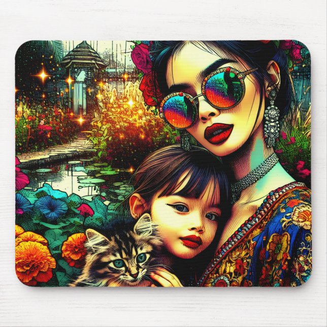 Färgglad konst mamma och dotter asiatisk blomstert musmatta (Framsidan)