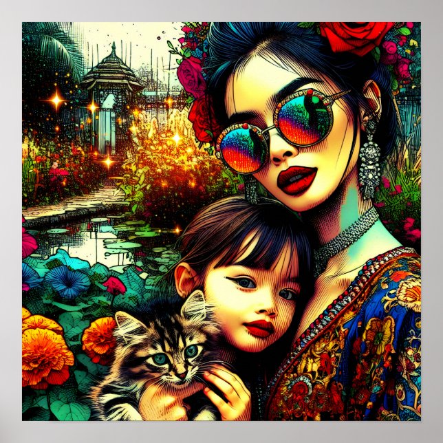 Färgglad konst mamma och dotter asiatisk blomstert poster (Framsidan)