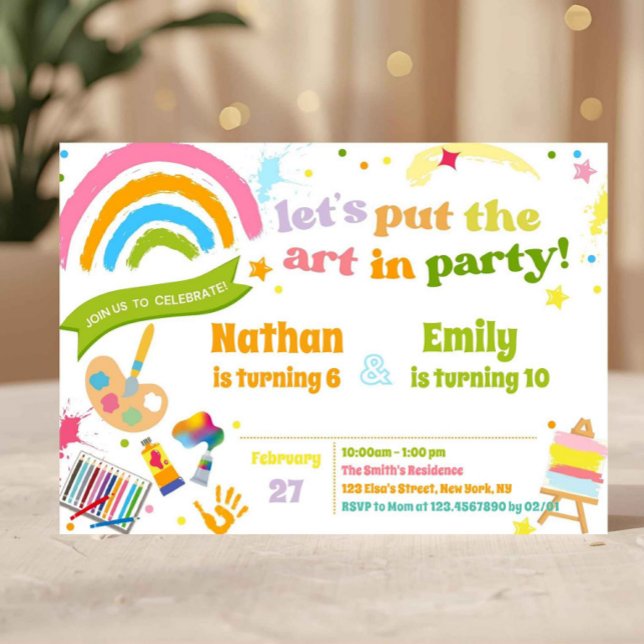 Färgglad Konst Syskon Födelsedagsfest Gemensam Inbjudningar (art party invitation, paint party invite, rainbow birthday invite, kids art birthday, joint birthday)