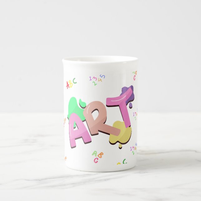 Färgglad konstdesign för tillbaka till skolan.  benporslin mugg (Framsidan)