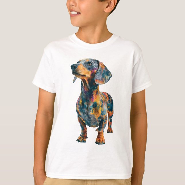 Färgglad Konstnärlig Dachshund Valp Barn T Shirt (Framsida)
