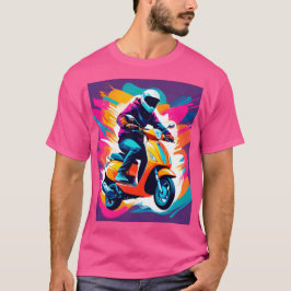 Färgglad konstnärlig skildring av en person som ri t shirt