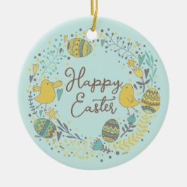 Färgglad krans av glada kycklingar, ägg och hälsni julgransprydnad keramik