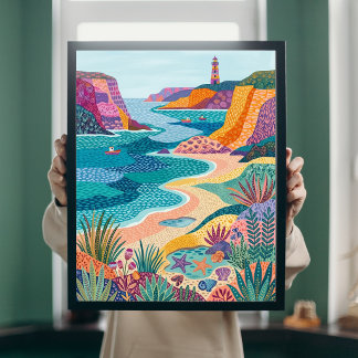 Färgglad kustfolkkonst fyr strandduk poster