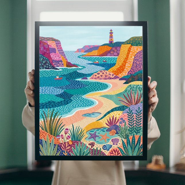Färgglad kustfolkkonst fyr strandduk poster (Skapare uppladdad)